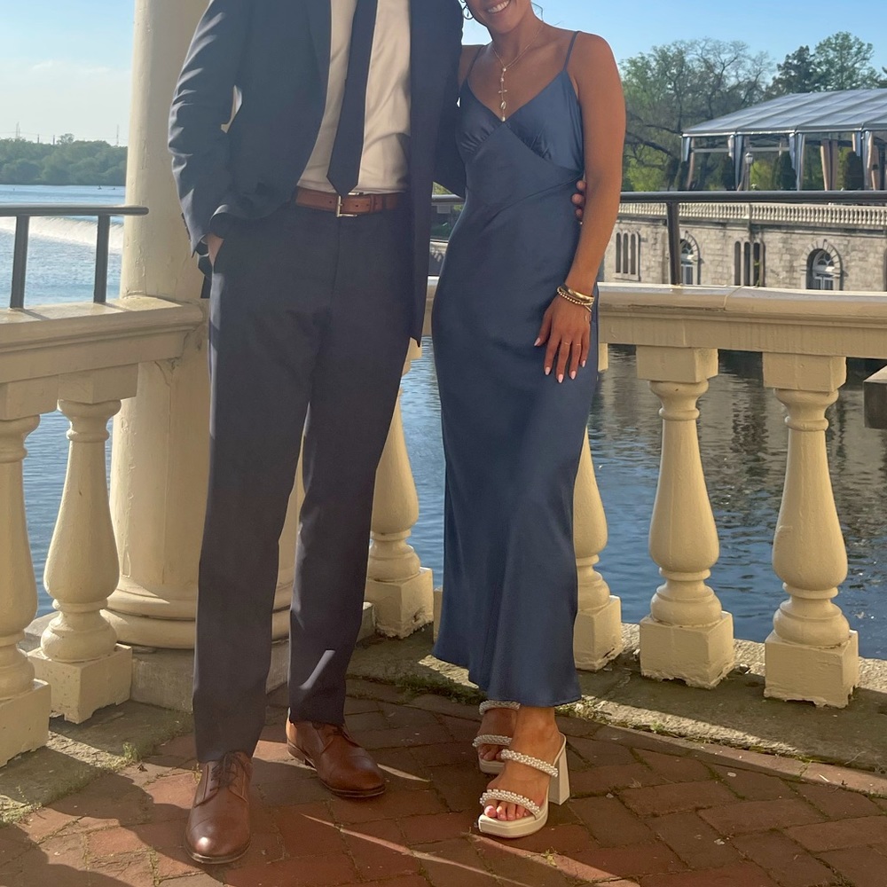 Blue/ slate cocktail dress. Thick silk fabric. Xs